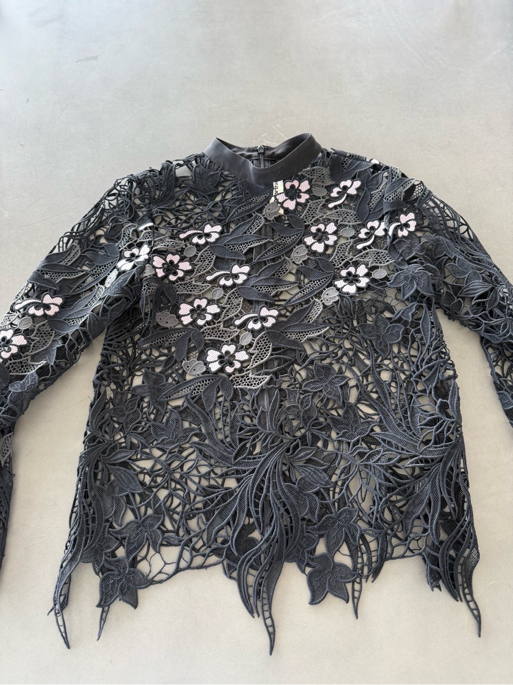 Self-Portrait Black Floral Lace Long Sleeve Top with Pink Floral Embroidery